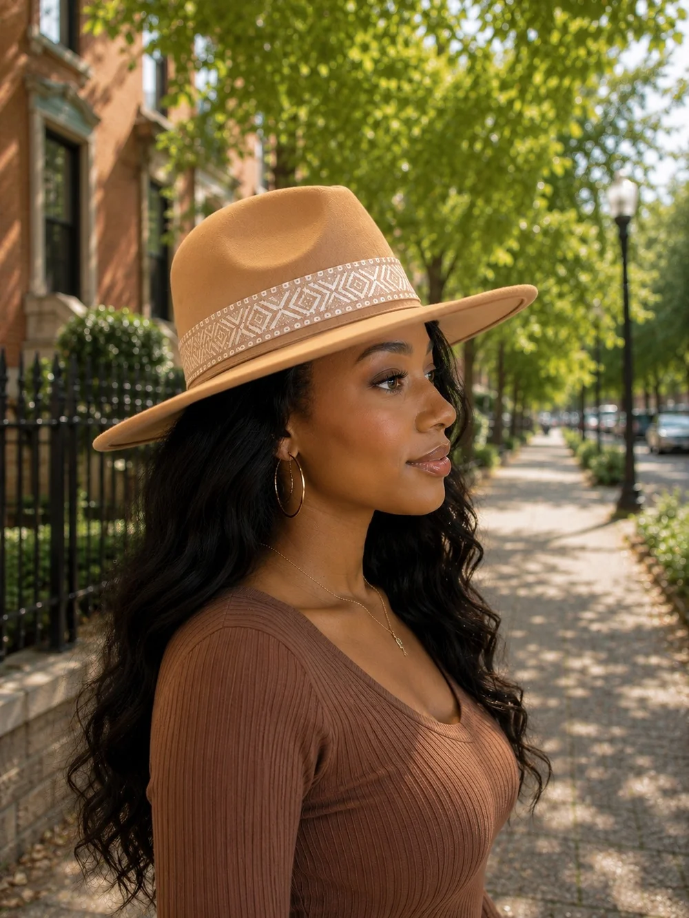 Wide-Brim Felt Fedora Hat with Decorative Woven Band - Tan - NWOT